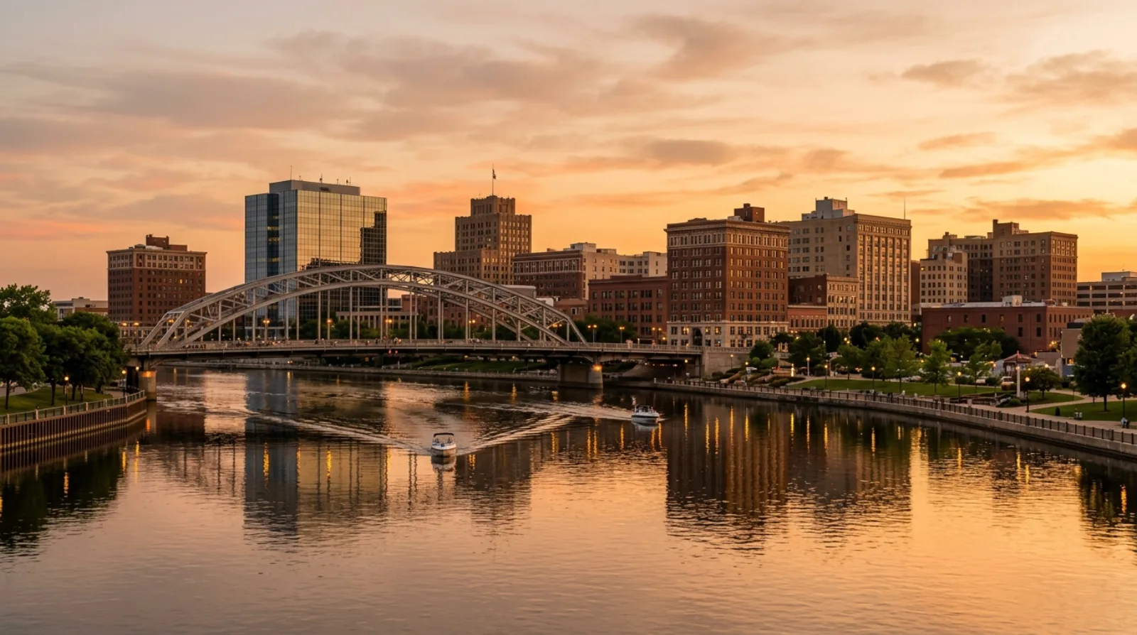 Downtown Rockford, Illinois skyline across the Rock River at golden hour