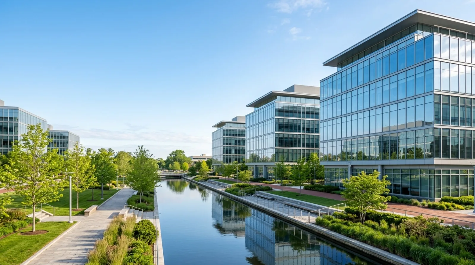 Modern glass laboratory buildings beside a canal park in Cambridge, Massachusetts
