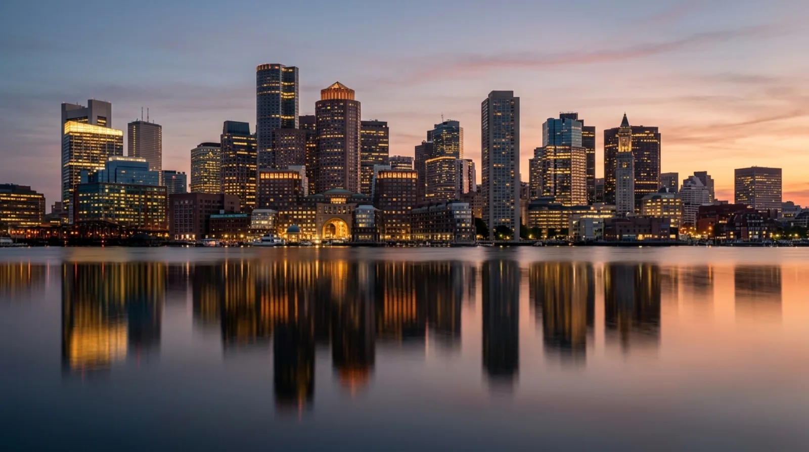 Downtown Boston skyline at twilight seen from the harbor