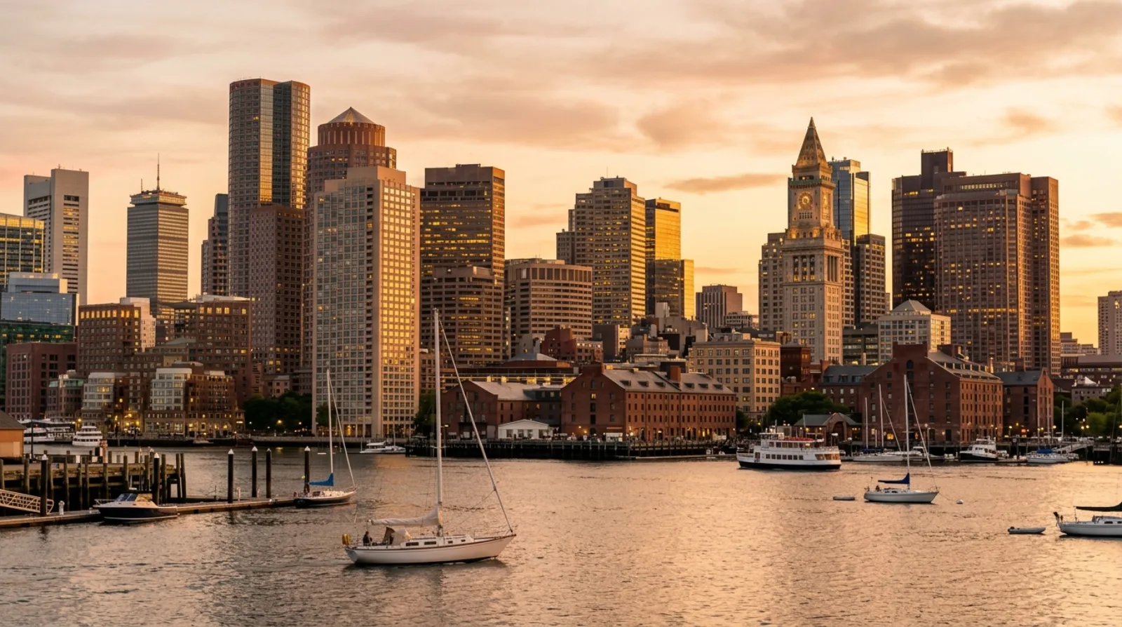 Boston skyline seen from the harbor at golden hour in Massachusetts
