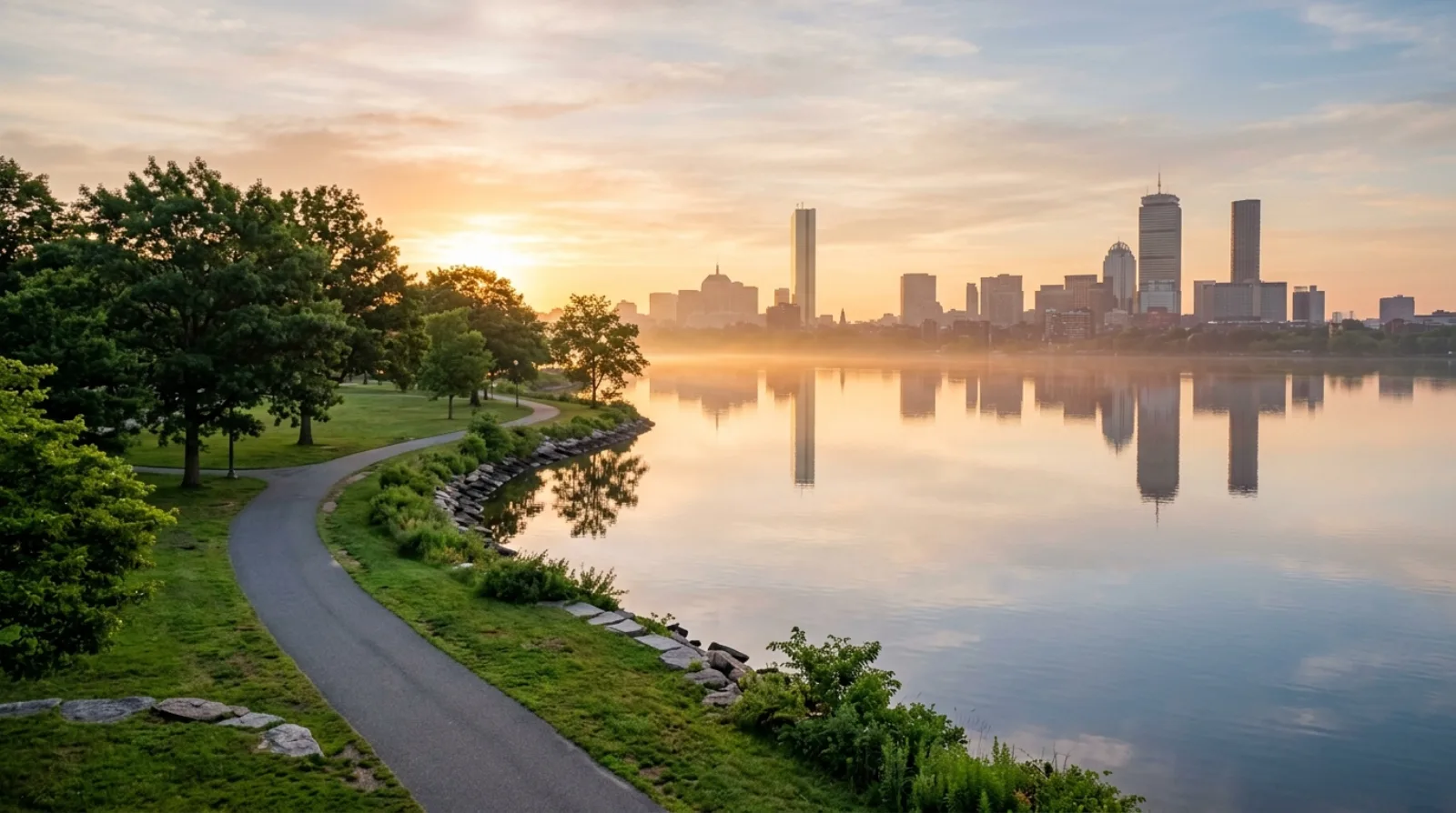 The Charles River basin at sunrise with the Boston skyline in the distance