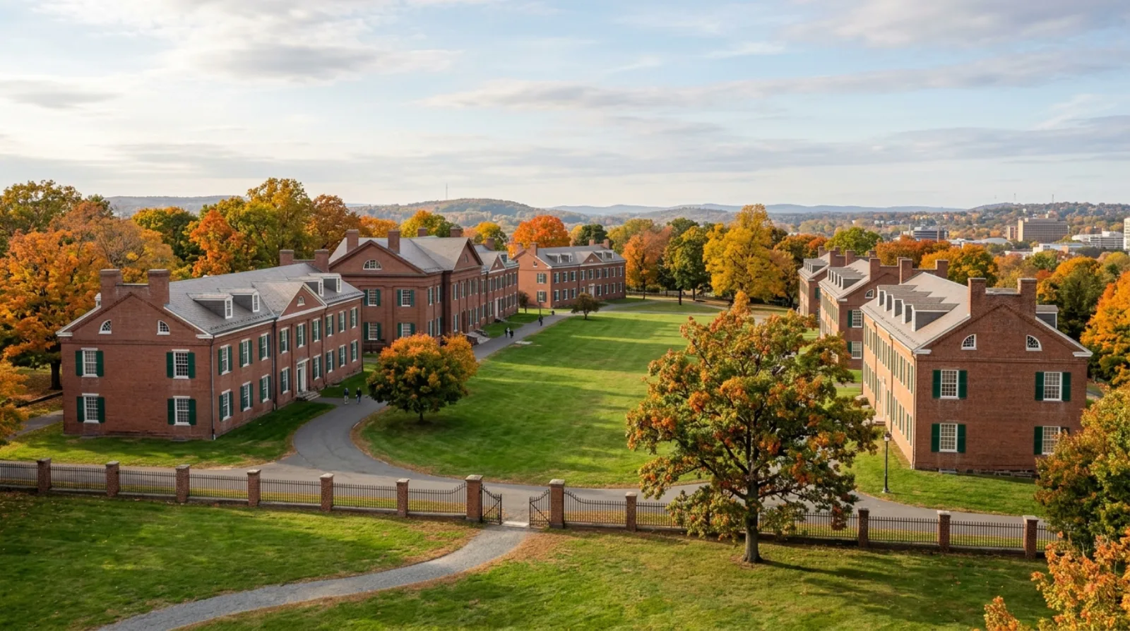 Historic red-brick arsenal buildings on a lawn in Springfield, Massachusetts