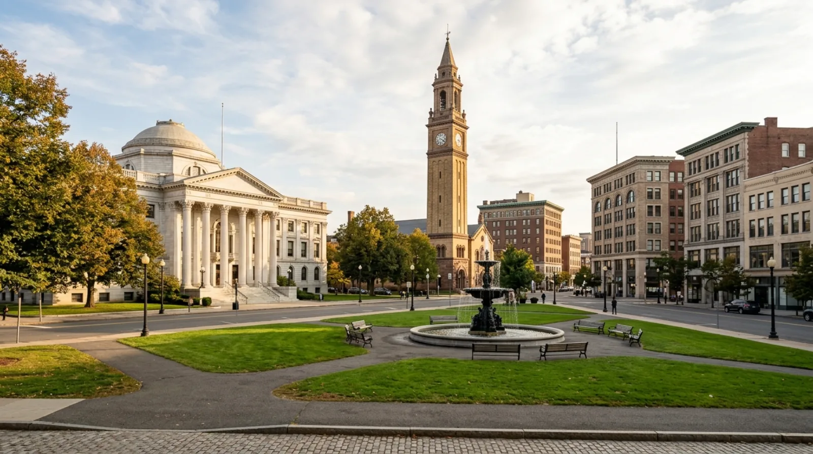 Court Square with its campanile clock tower in downtown Springfield, Massachusetts