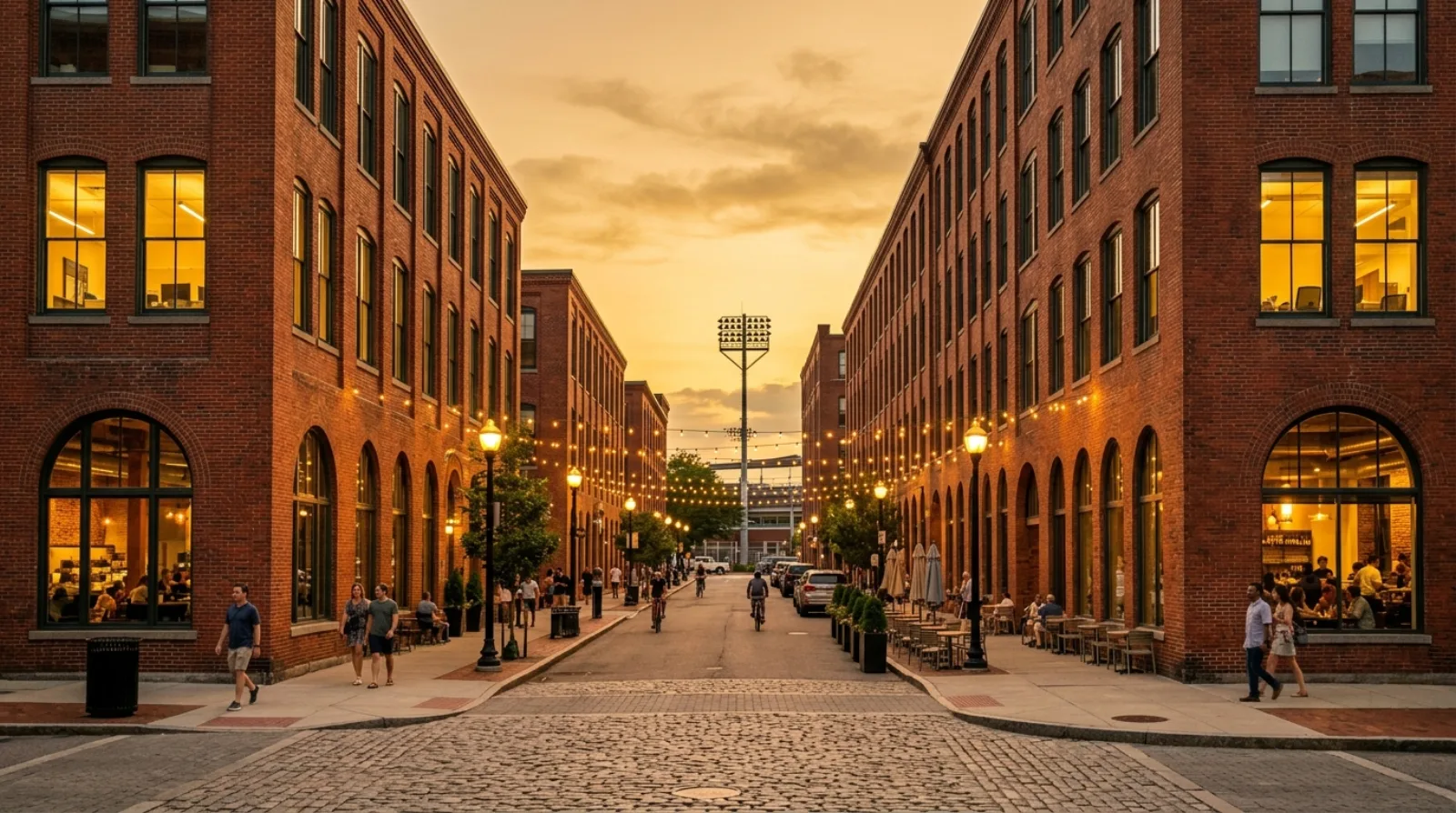 Restored brick mill buildings in Worcester's Canal District at golden hour