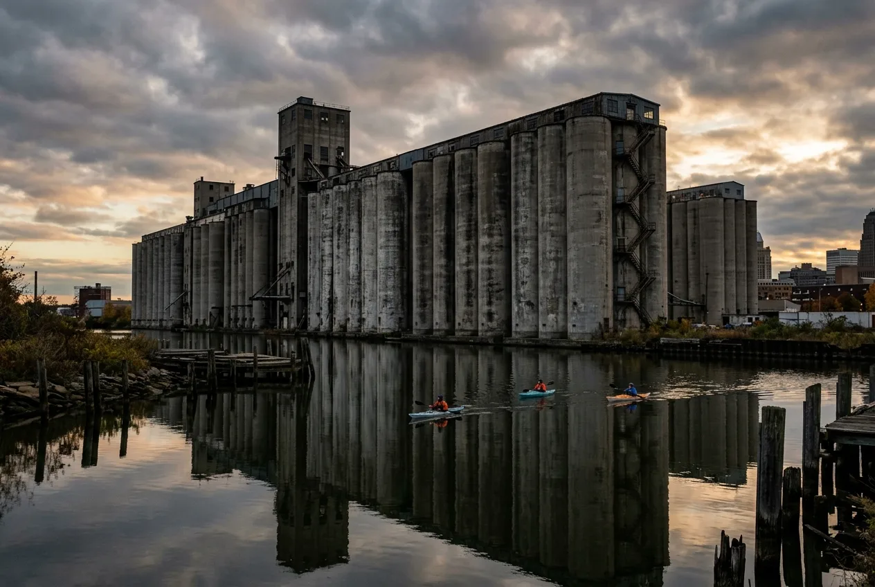 Historic grain elevators along the Buffalo River near Canalside