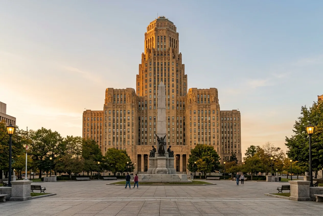 Buffalo City Hall art deco tower over Niagara Square at golden hour