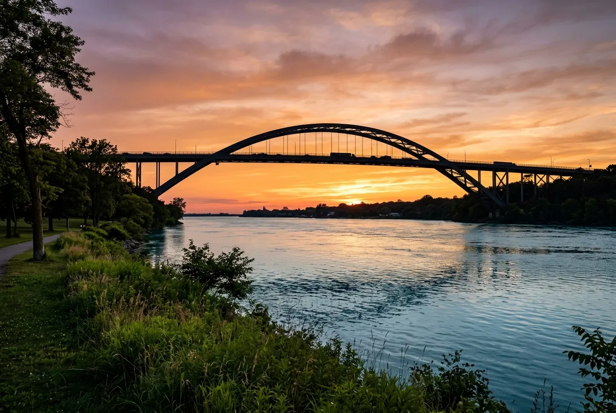 The Peace Bridge crossing the Niagara River between Buffalo and Fort Erie at sunset