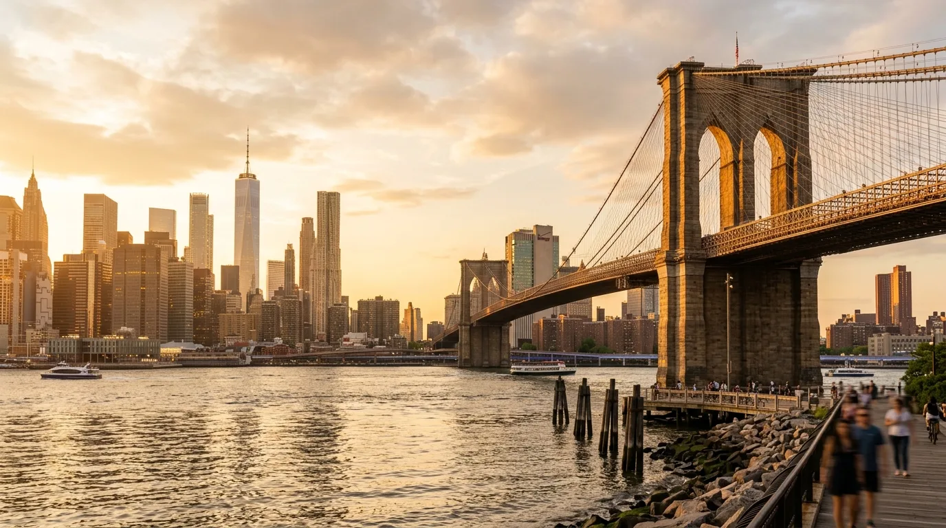 Brooklyn Bridge and the Lower Manhattan skyline in New York at golden hour