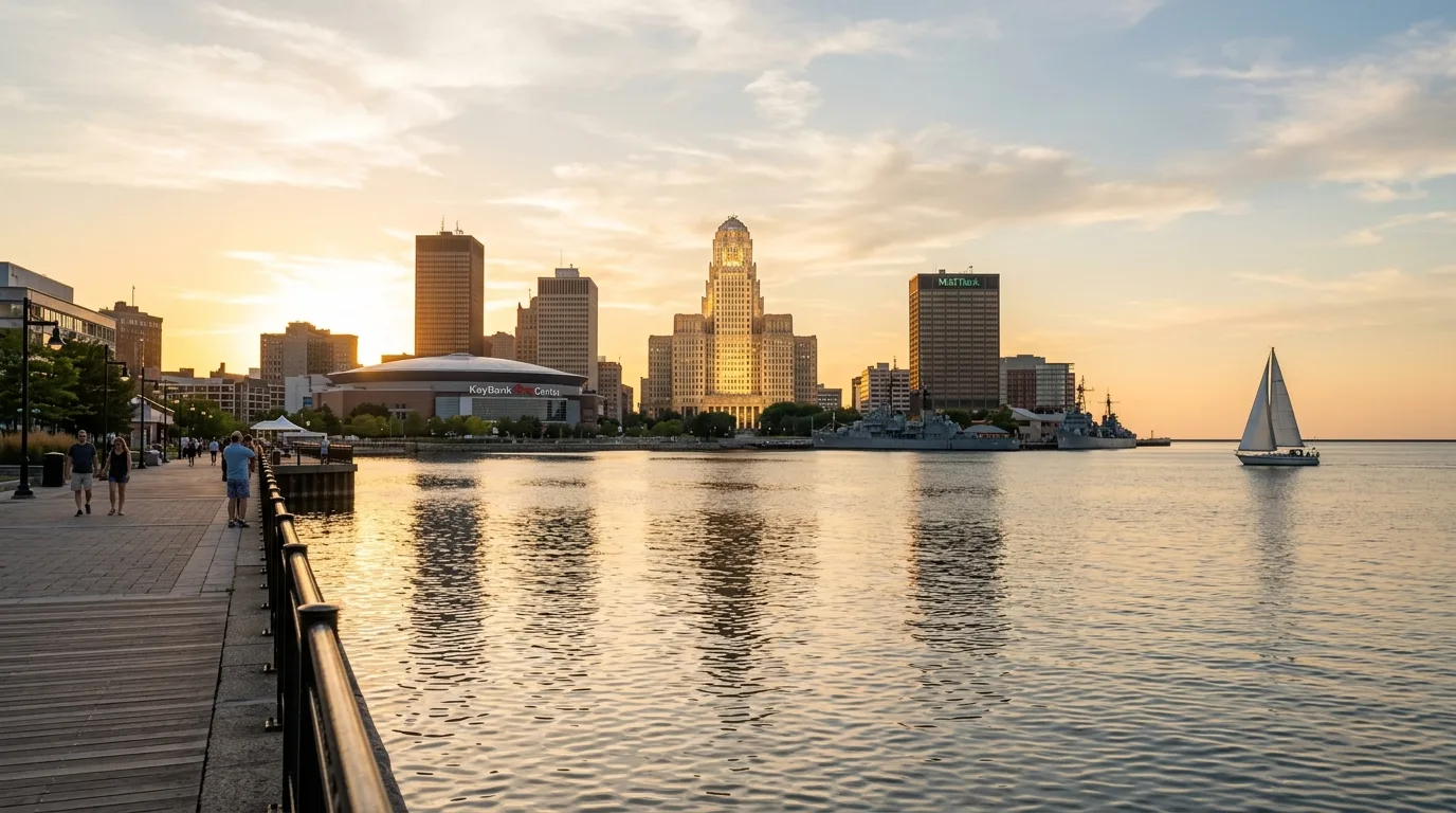 Buffalo skyline and Lake Erie waterfront in New York at sunset