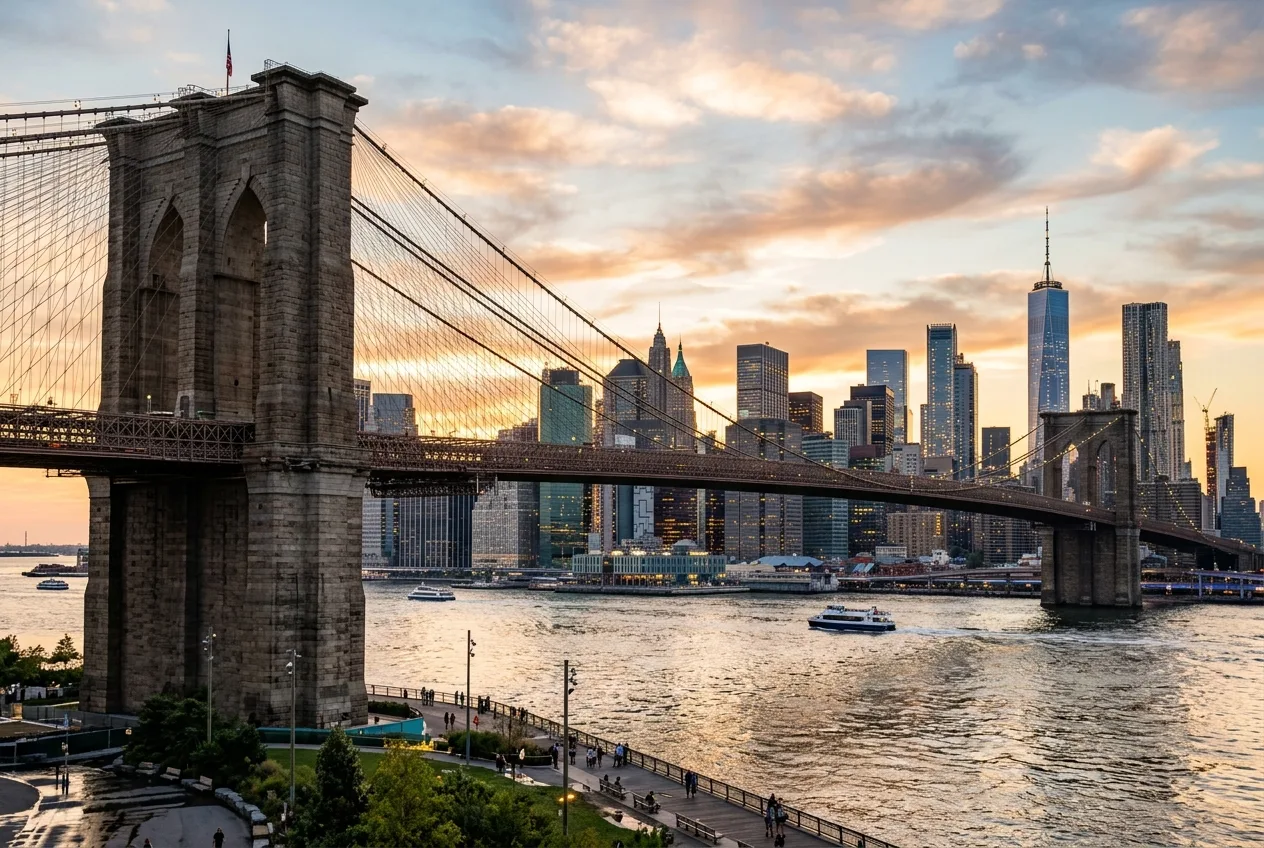 Lower Manhattan skyline seen from Brooklyn Bridge Park at golden hour