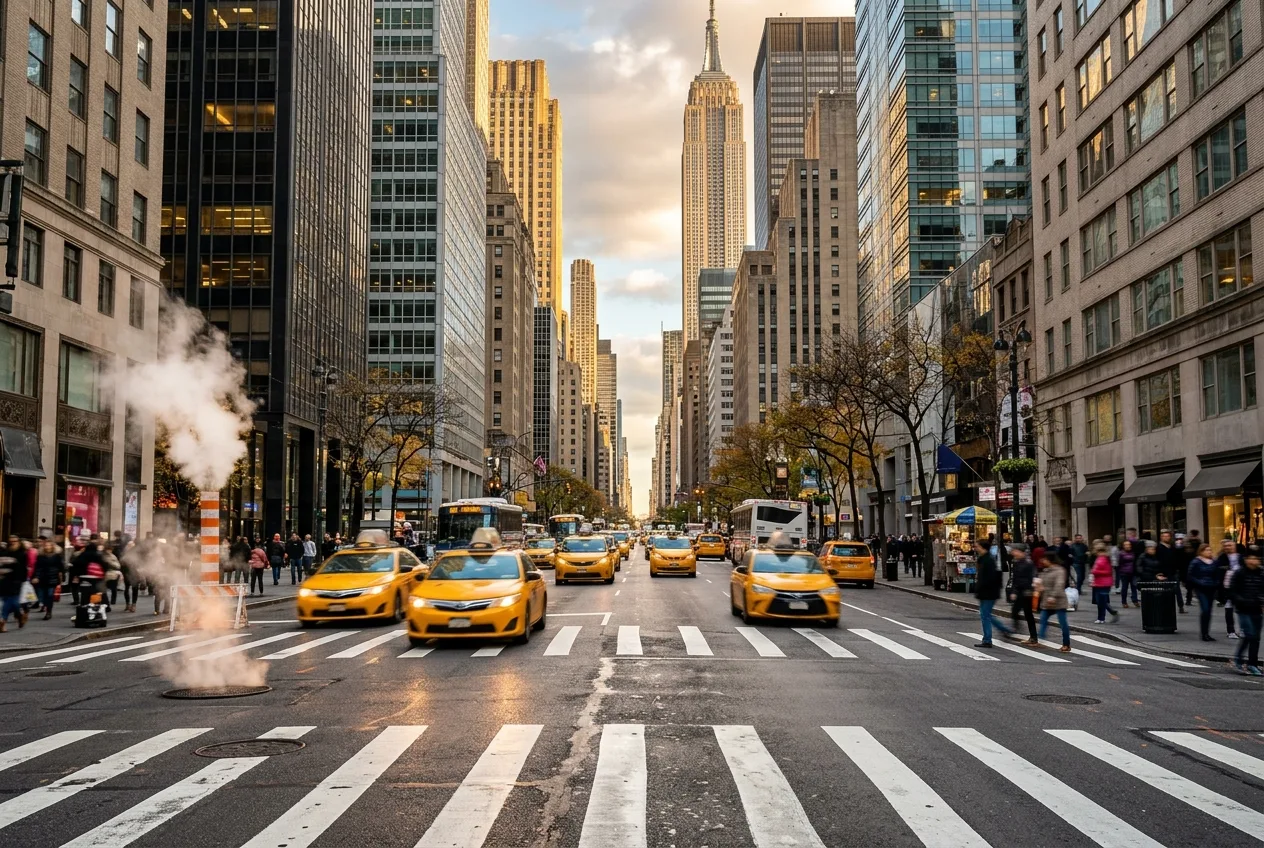 Late afternoon light cutting down a Midtown Manhattan avenue with taxis and pedestrians