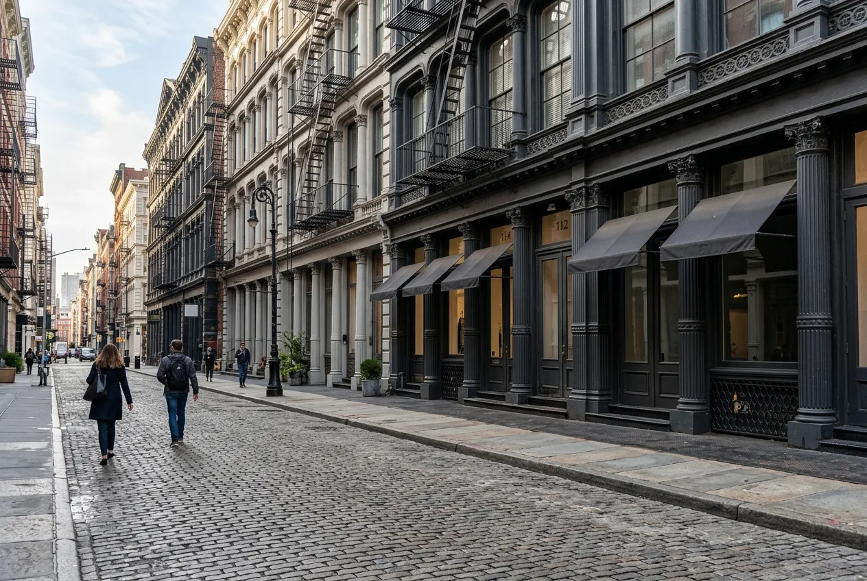 Cast-iron facades and cobblestones on a SoHo street in Manhattan