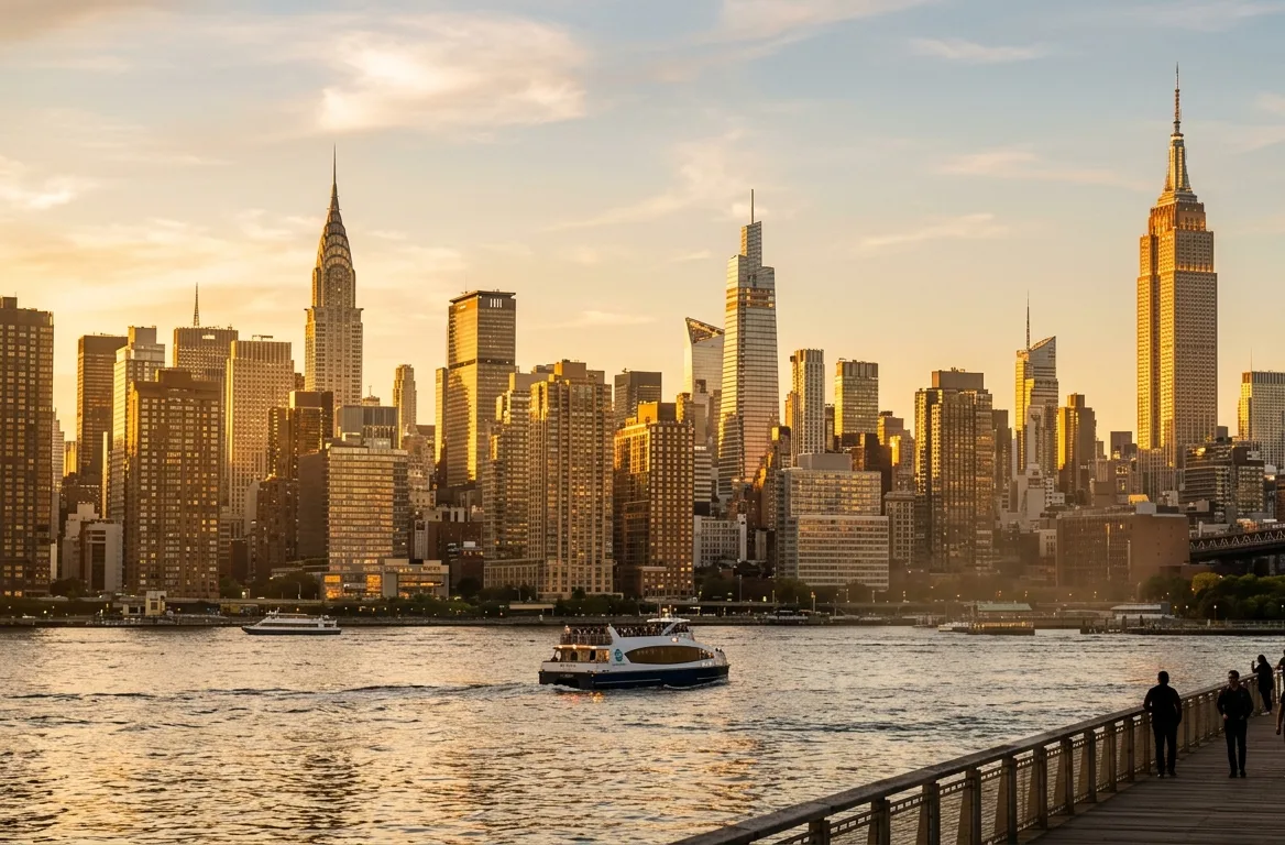 Midtown Manhattan skyline across the East River in New York City at sunset