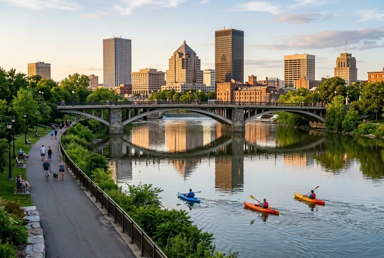Genesee River waterfront and downtown Rochester skyline with kayakers