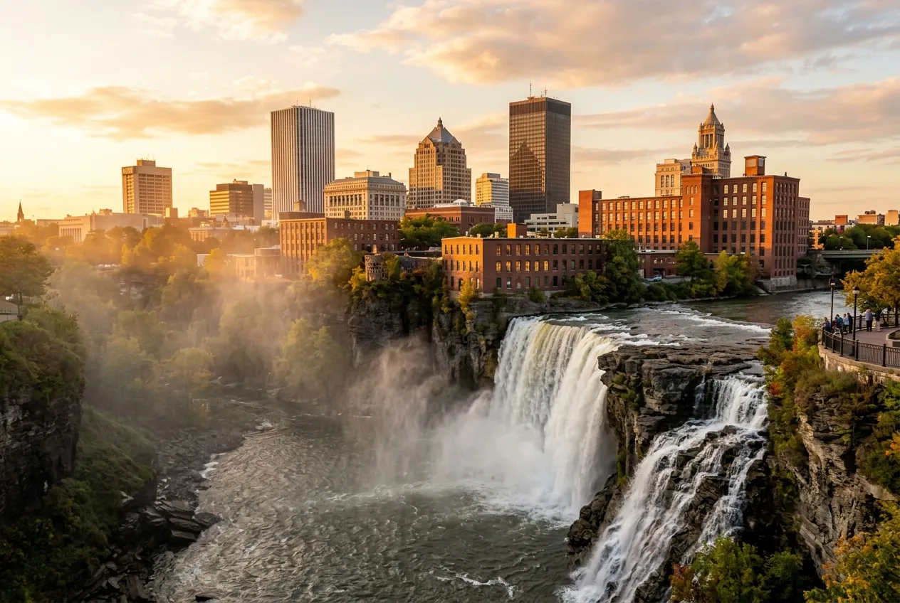 High Falls on the Genesee River with the downtown Rochester skyline above the gorge
