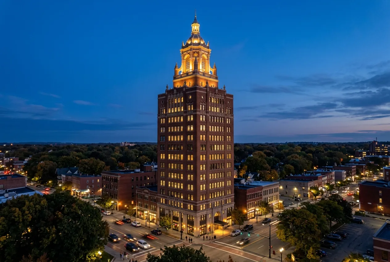 Kodak Tower rising over Rochester, New York at dusk