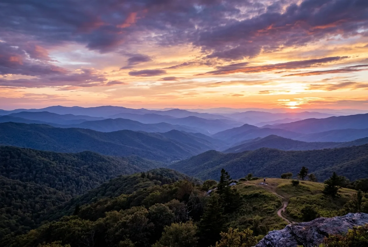 Layered Blue Ridge Mountain ridgelines at sunset in Western North Carolina