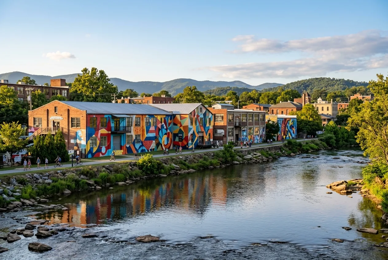 Colorful converted warehouses and studios in Asheville's River Arts District along the French Broad River