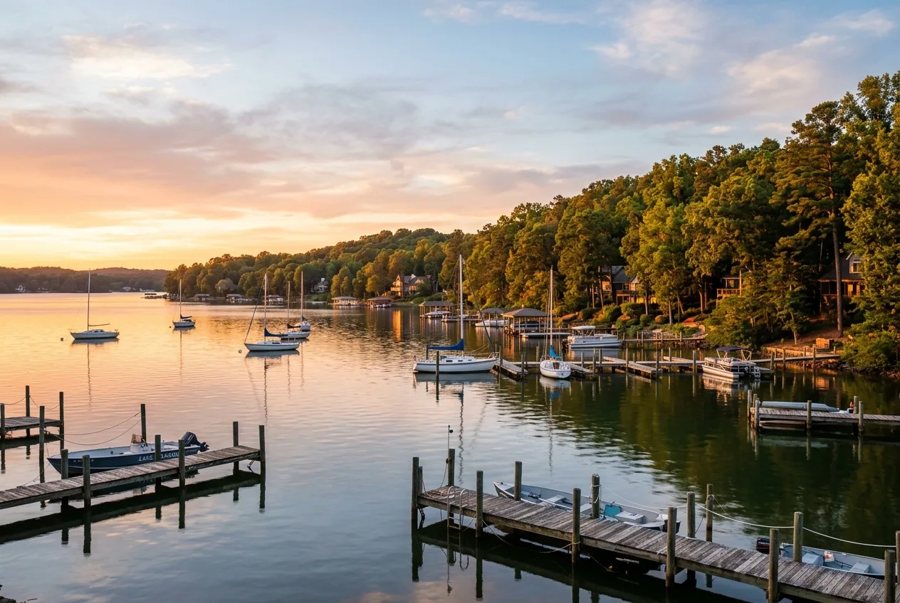 Sailboats and docks on Lake Norman north of Charlotte at golden hour