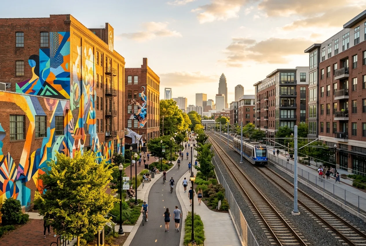 The South End Rail Trail in Charlotte with the light rail line, murals, and new apartment buildings