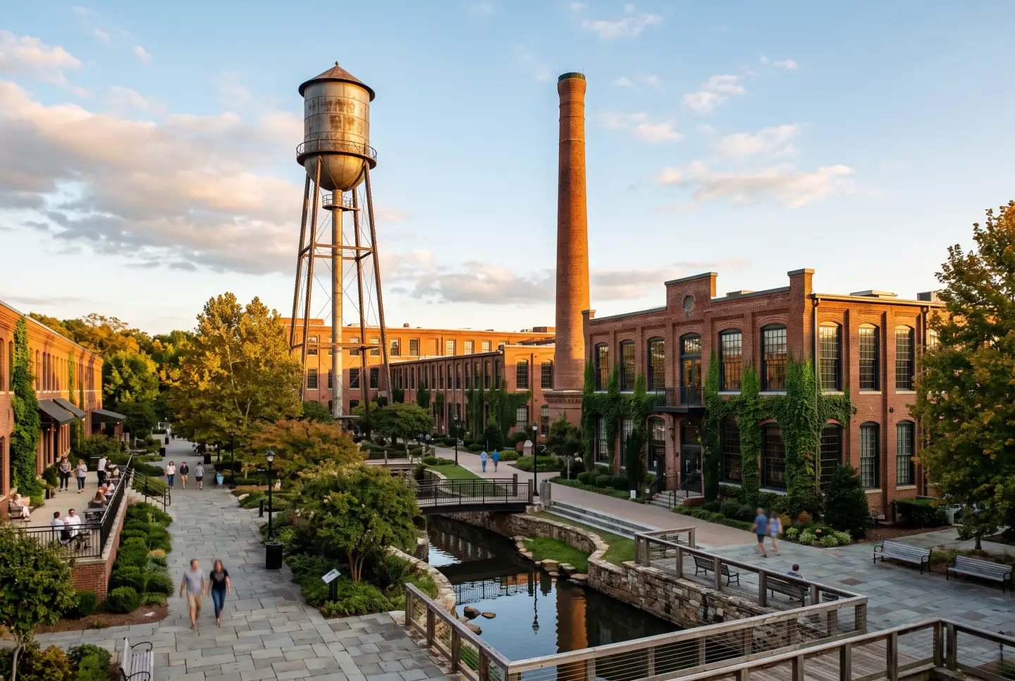 The American Tobacco Campus in Durham with the Lucky Strike water tower above restored brick warehouses