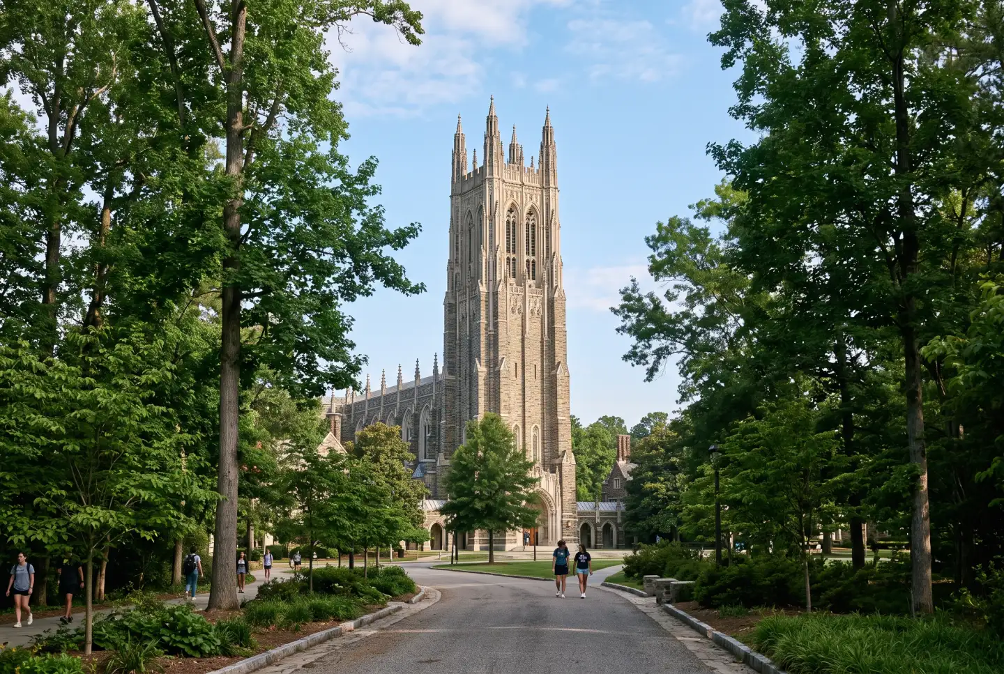 Duke University Chapel's gothic tower rising above the trees of Duke's campus in Durham
