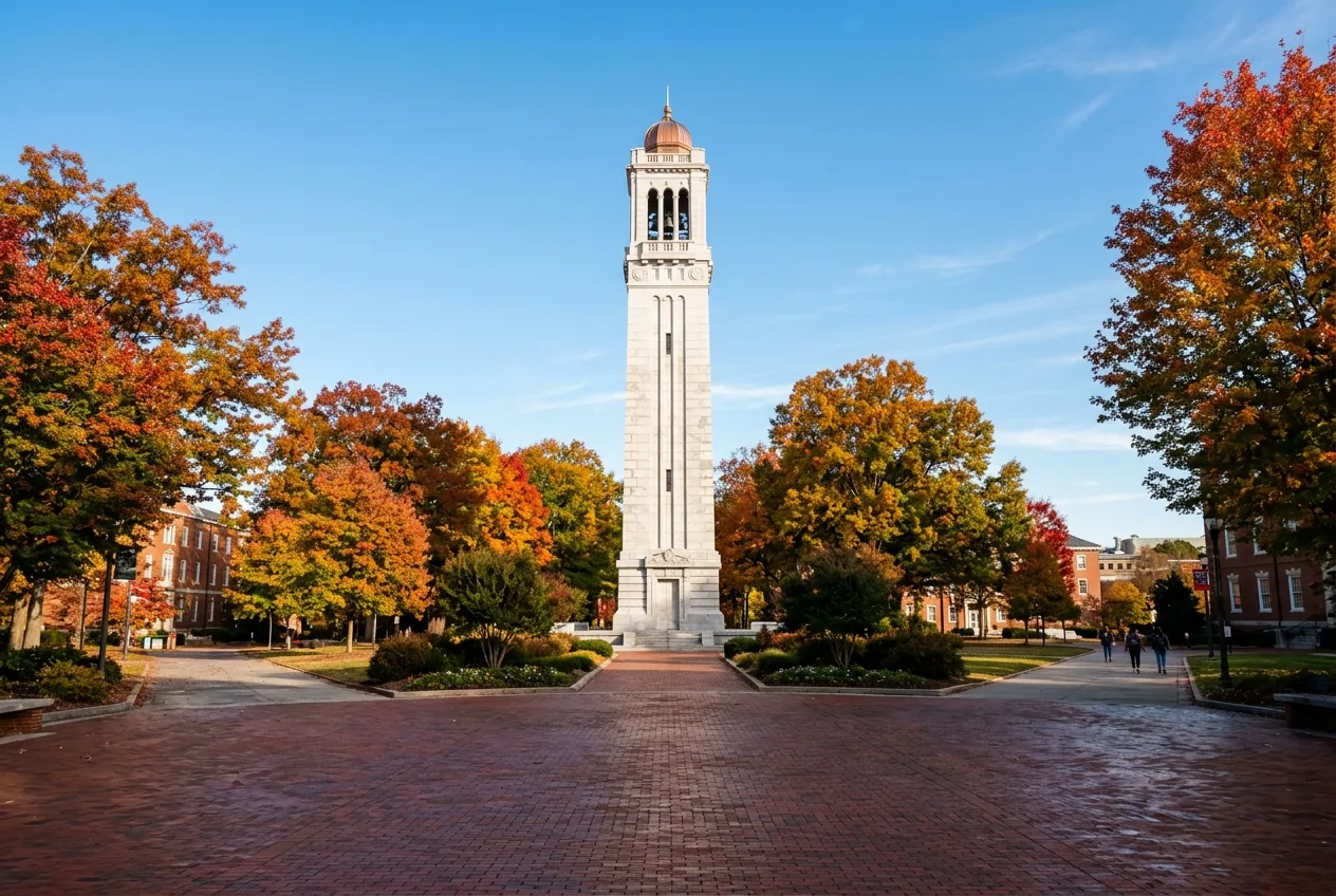 The NC State University Memorial Belltower in Raleigh framed by autumn trees