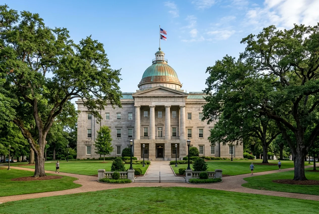 The historic North Carolina State Capitol in Raleigh surrounded by old oak trees