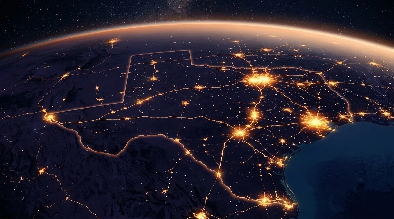 Night satellite view of Texas with glowing city networks over Austin, Dallas-Fort Worth, Houston, San Antonio, and El Paso