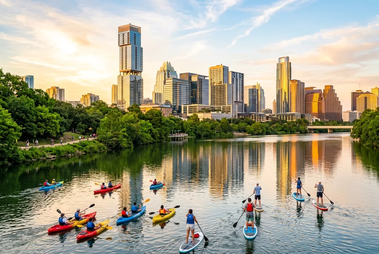 Kayakers and paddleboarders on Lady Bird Lake with the downtown Austin skyline behind them