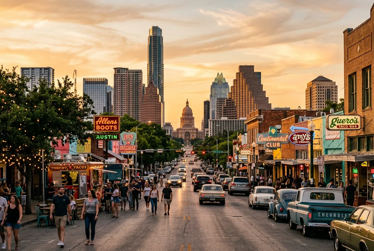 South Congress Avenue in Austin with the downtown skyline and Texas State Capitol in the distance