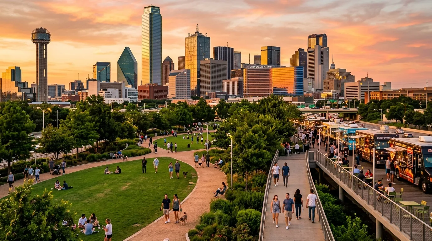 Klyde Warren Park with the downtown Dallas skyline at golden hour
