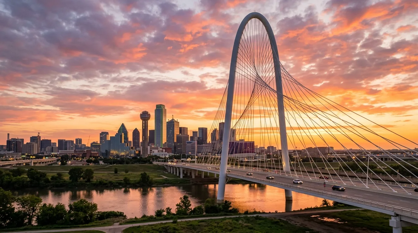 Margaret Hunt Hill Bridge over the Trinity River in Dallas at sunset