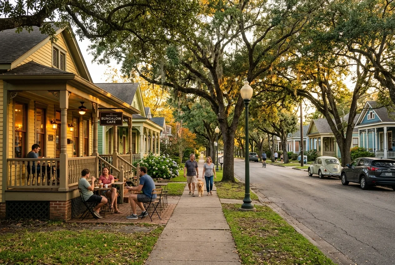 Tree-lined bungalow street with a neighborhood cafe in the Houston Heights