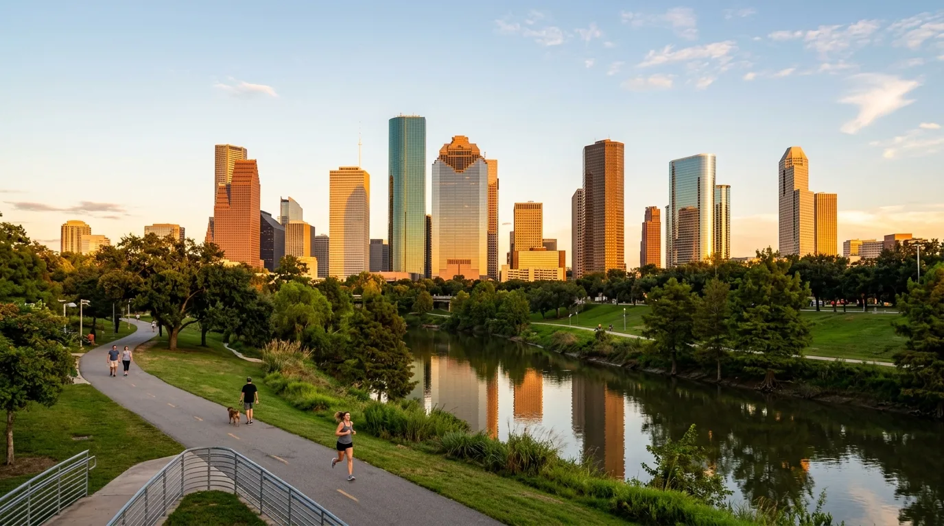 Downtown Houston skyline at golden hour seen from Eleanor Tinsley Park
