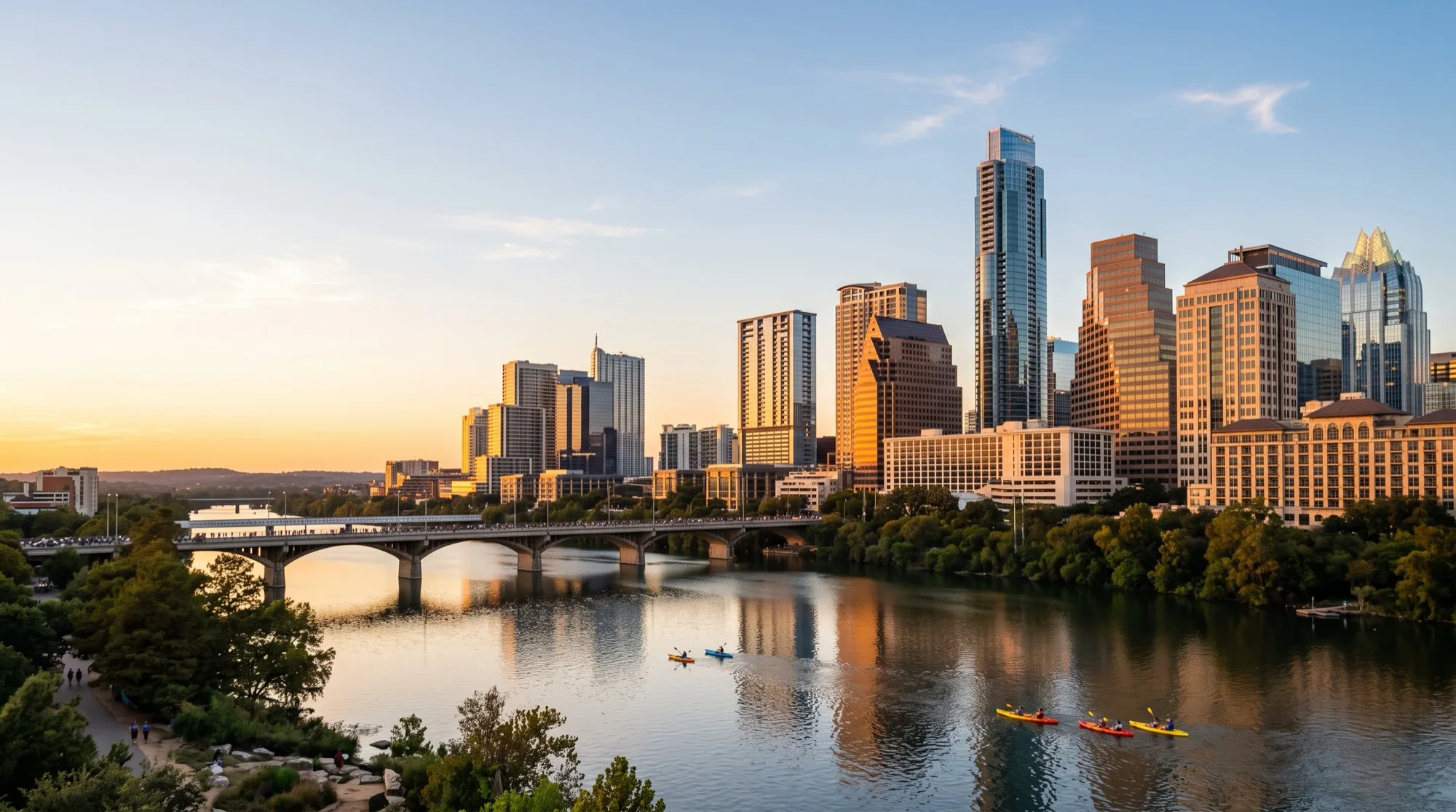 Austin skyline over Lady Bird Lake in Texas at dusk