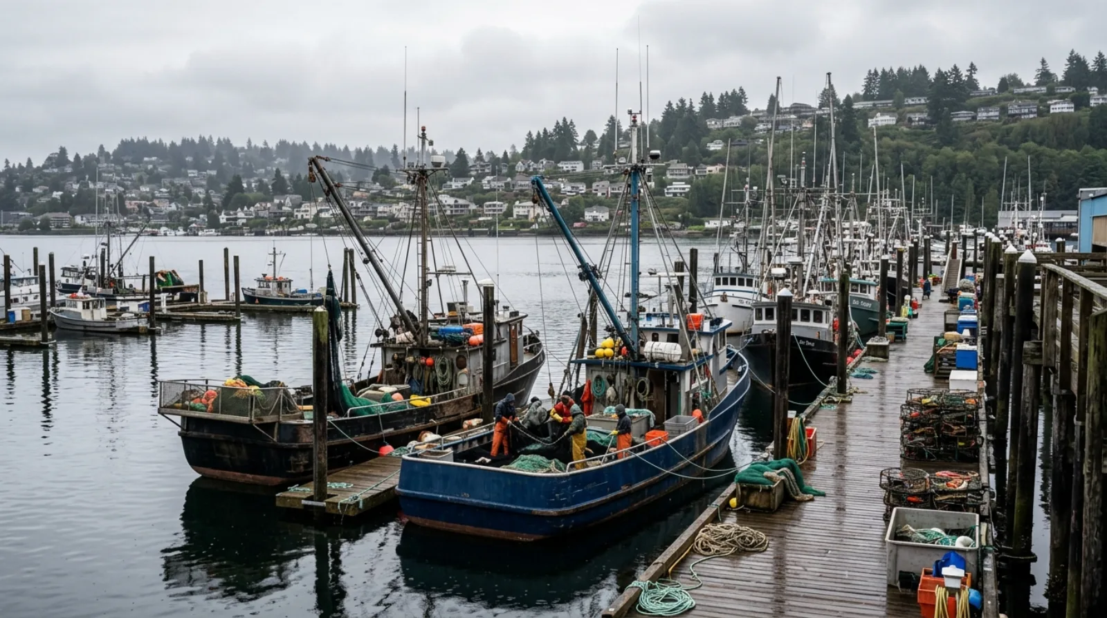 Commercial fishing boats moored at Fishermen's Terminal in Seattle
