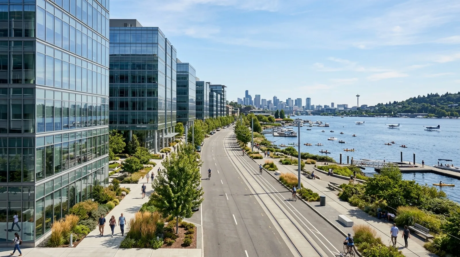 Modern office buildings and a streetcar corridor in Seattle's South Lake Union district