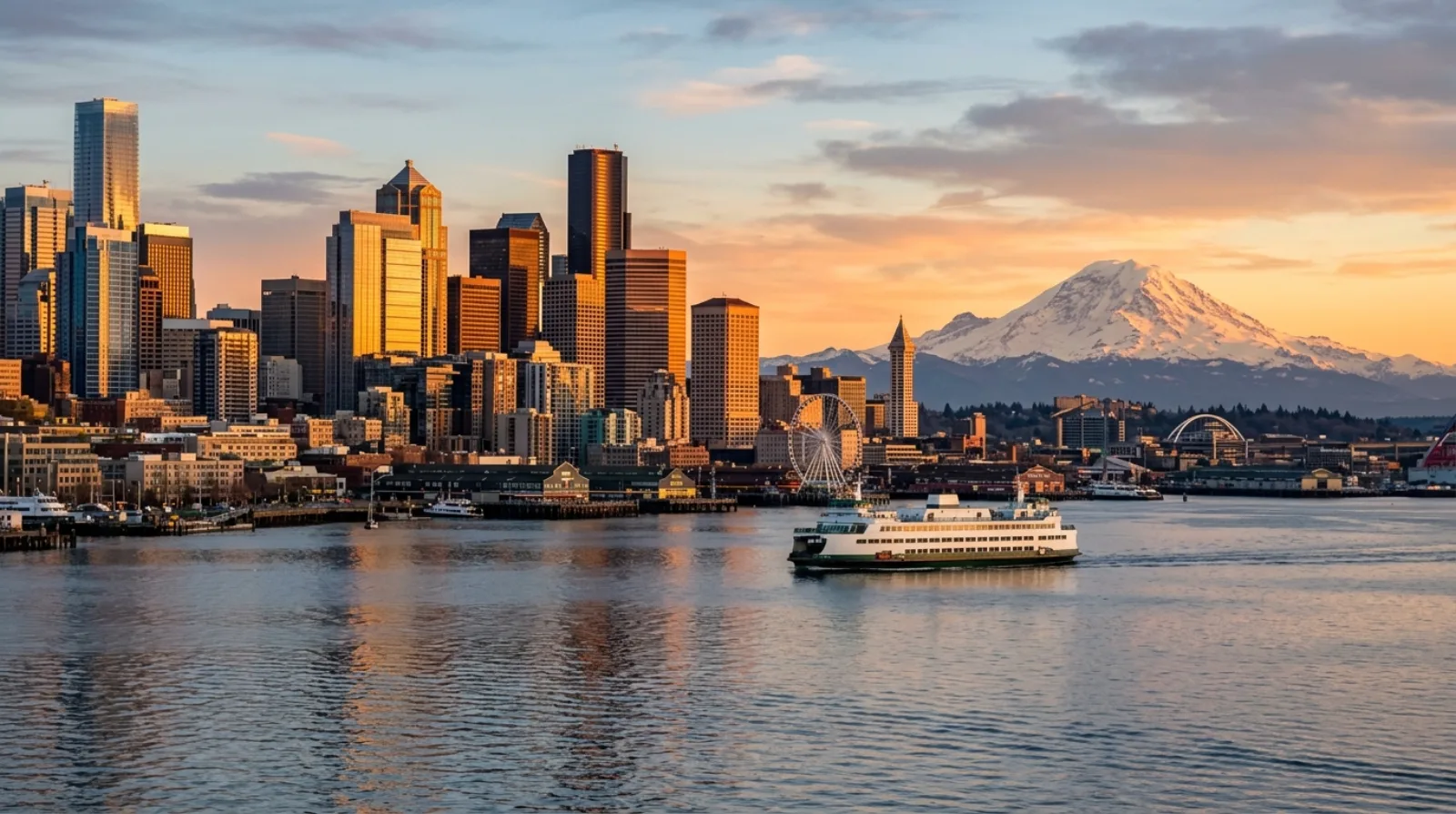 Downtown Seattle skyline from the waterfront with Mount Rainier behind