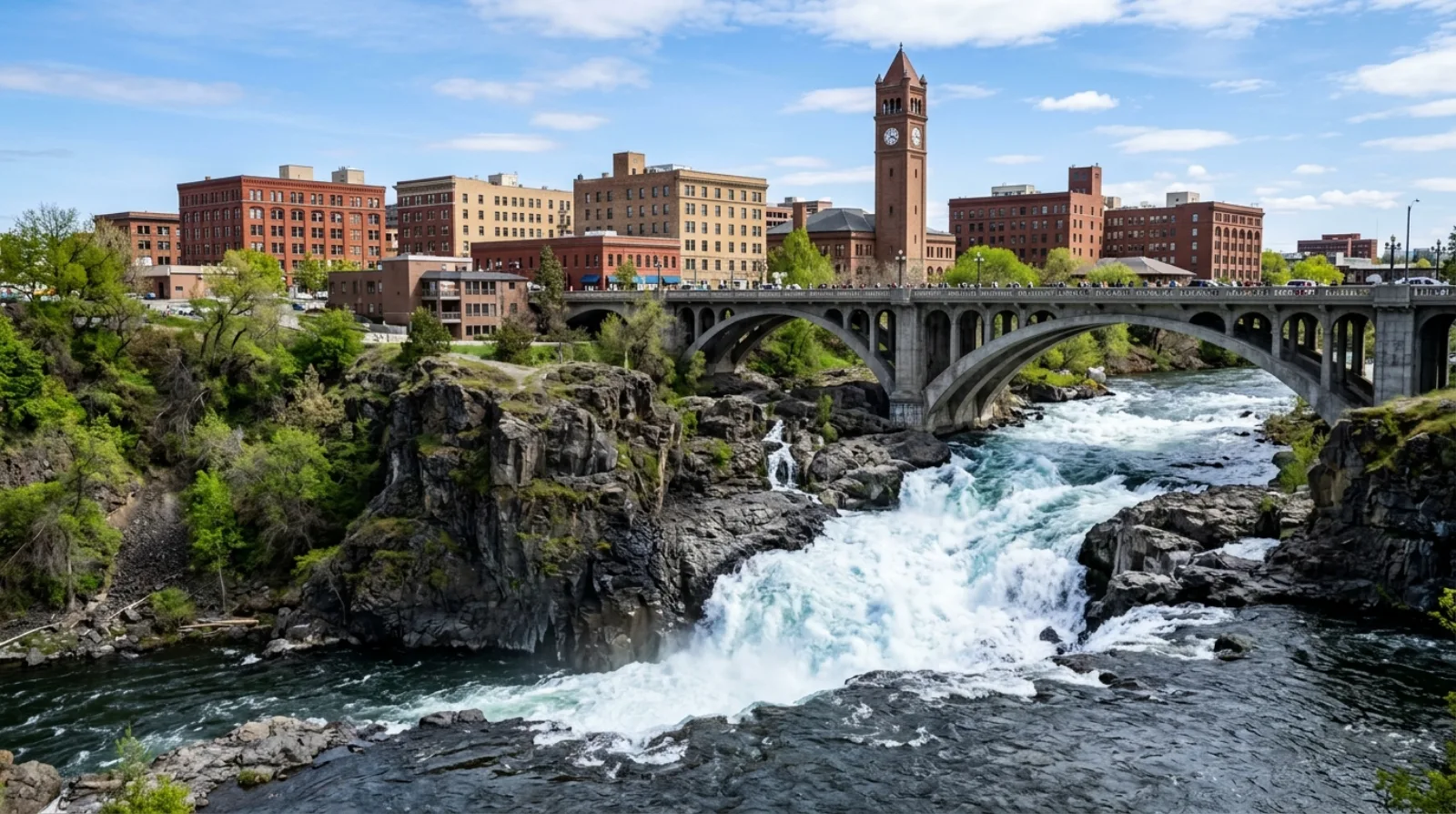 Spokane Falls and the Monroe Street Bridge in downtown Spokane