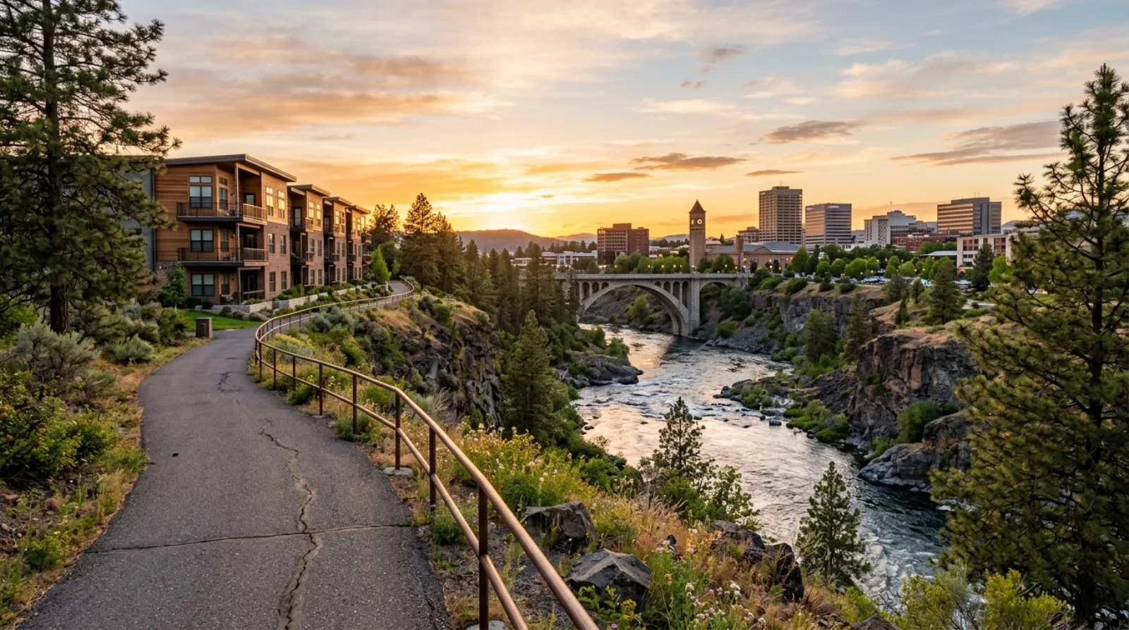 The Kendall Yards development overlooking the Spokane River and downtown Spokane
