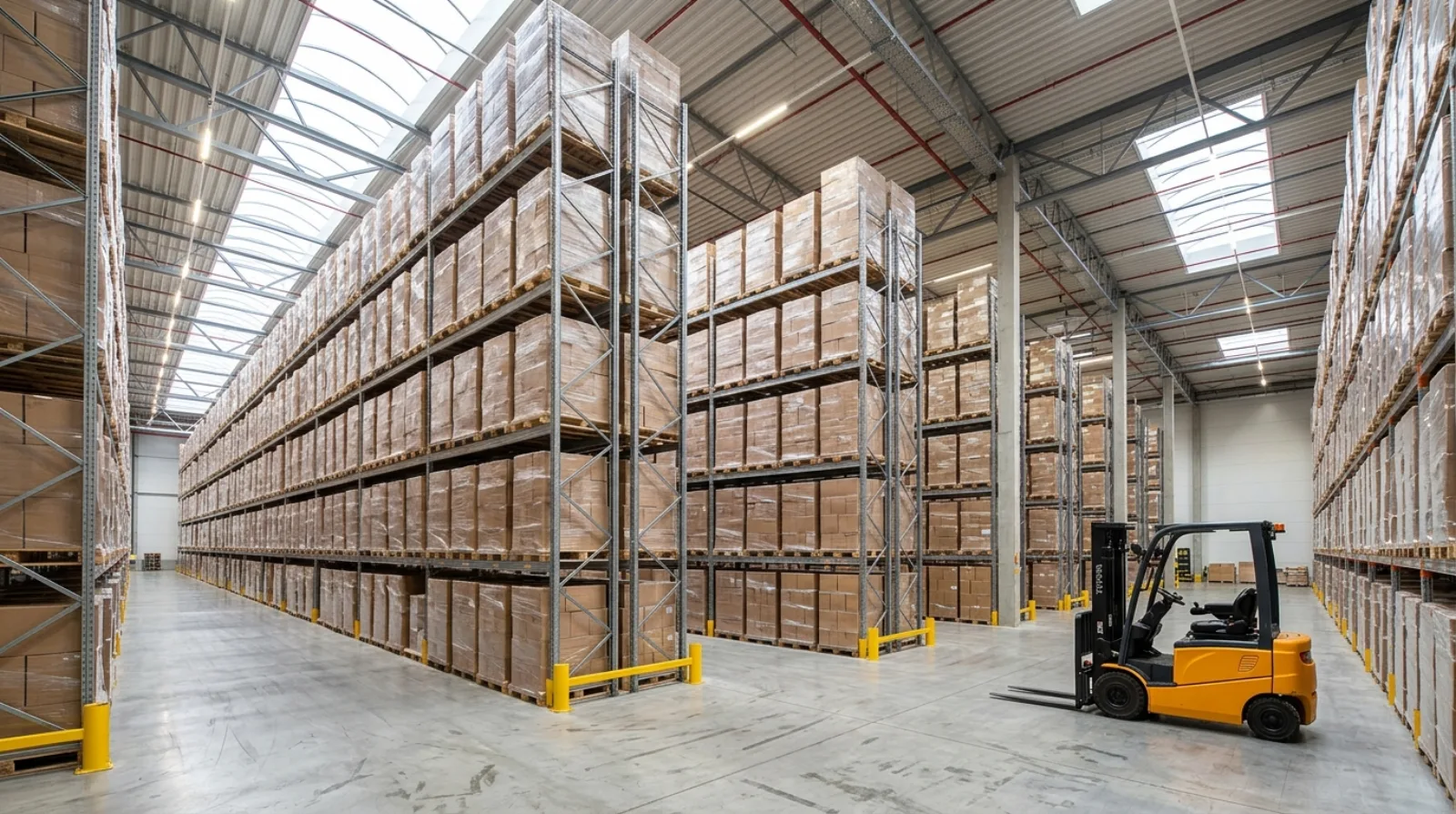A logistics warehouse floor with pallets and forklifts in the Tacoma area