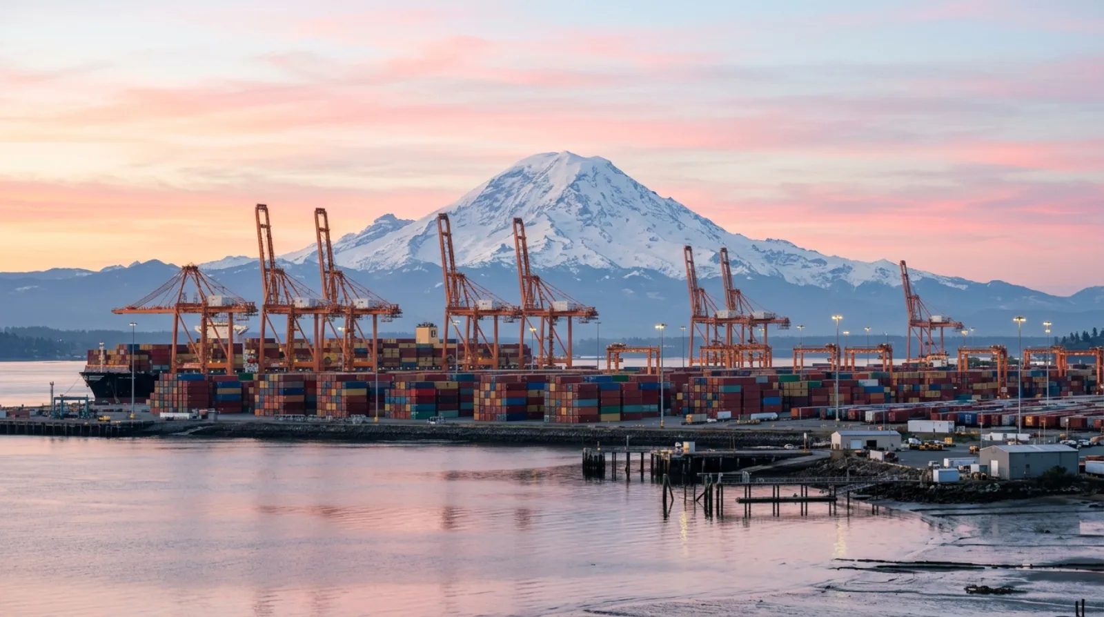 Container cranes at the Port of Tacoma with Mount Rainier behind