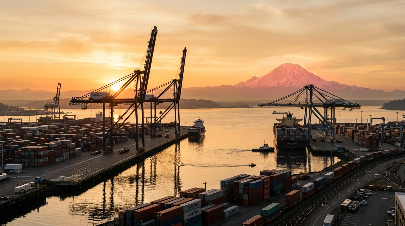 Container cranes at the Port of Tacoma with Mount Rainier behind, in Washington state