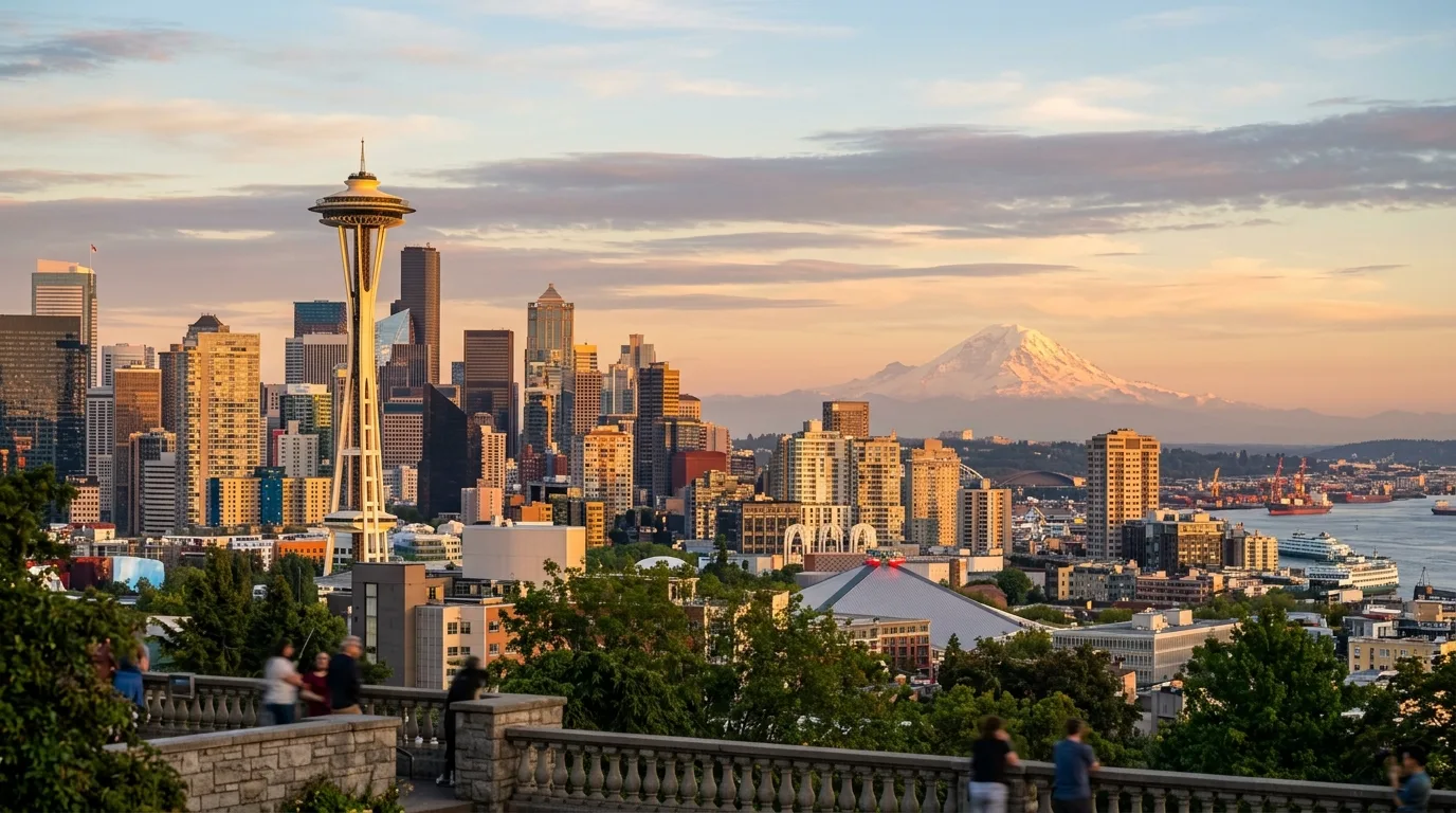 Seattle skyline with the Space Needle and Mount Rainier in Washington state