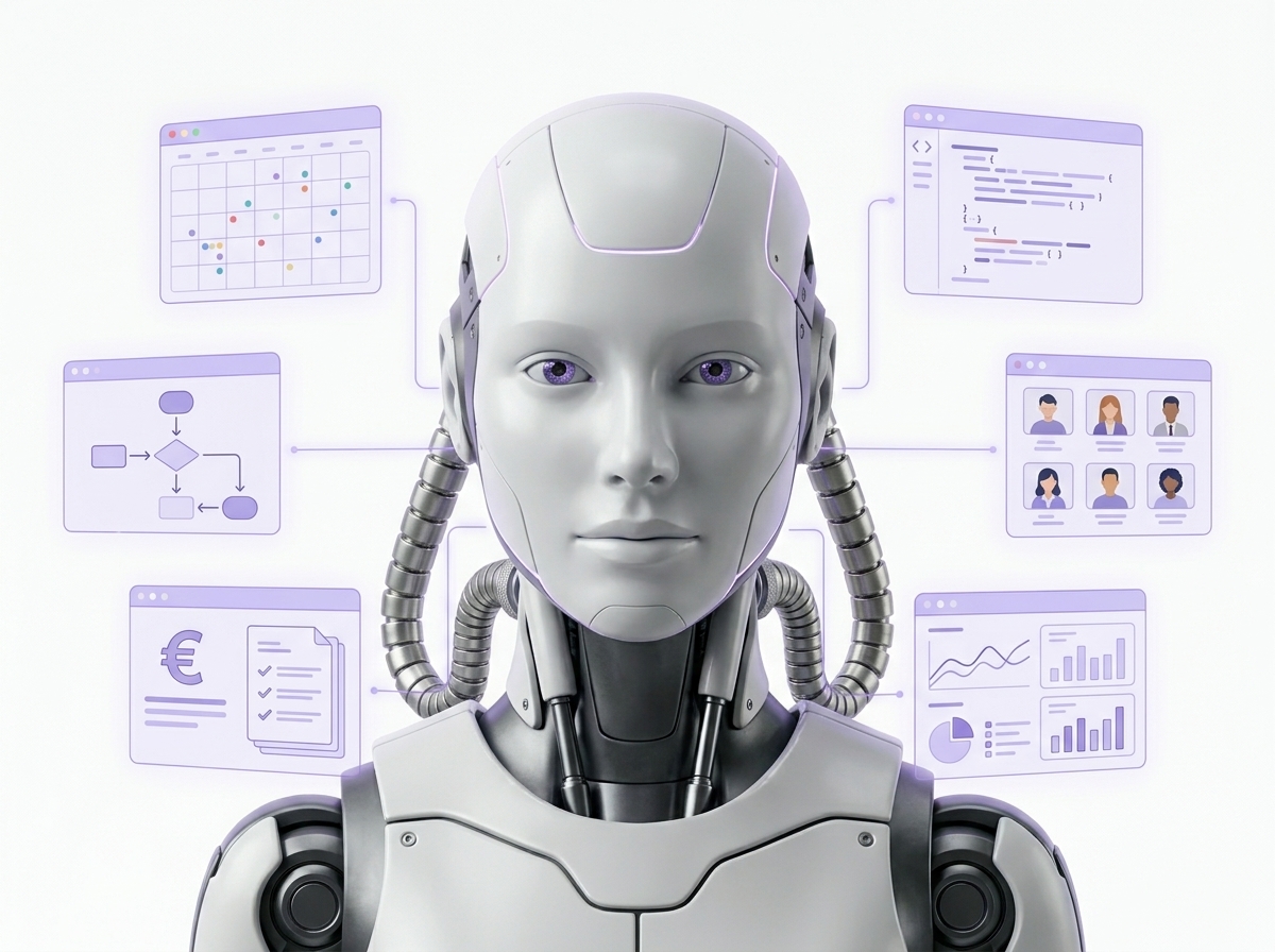 An AI agent at the center, connected to calendar, code, CRM, accounting, and documents running in parallel