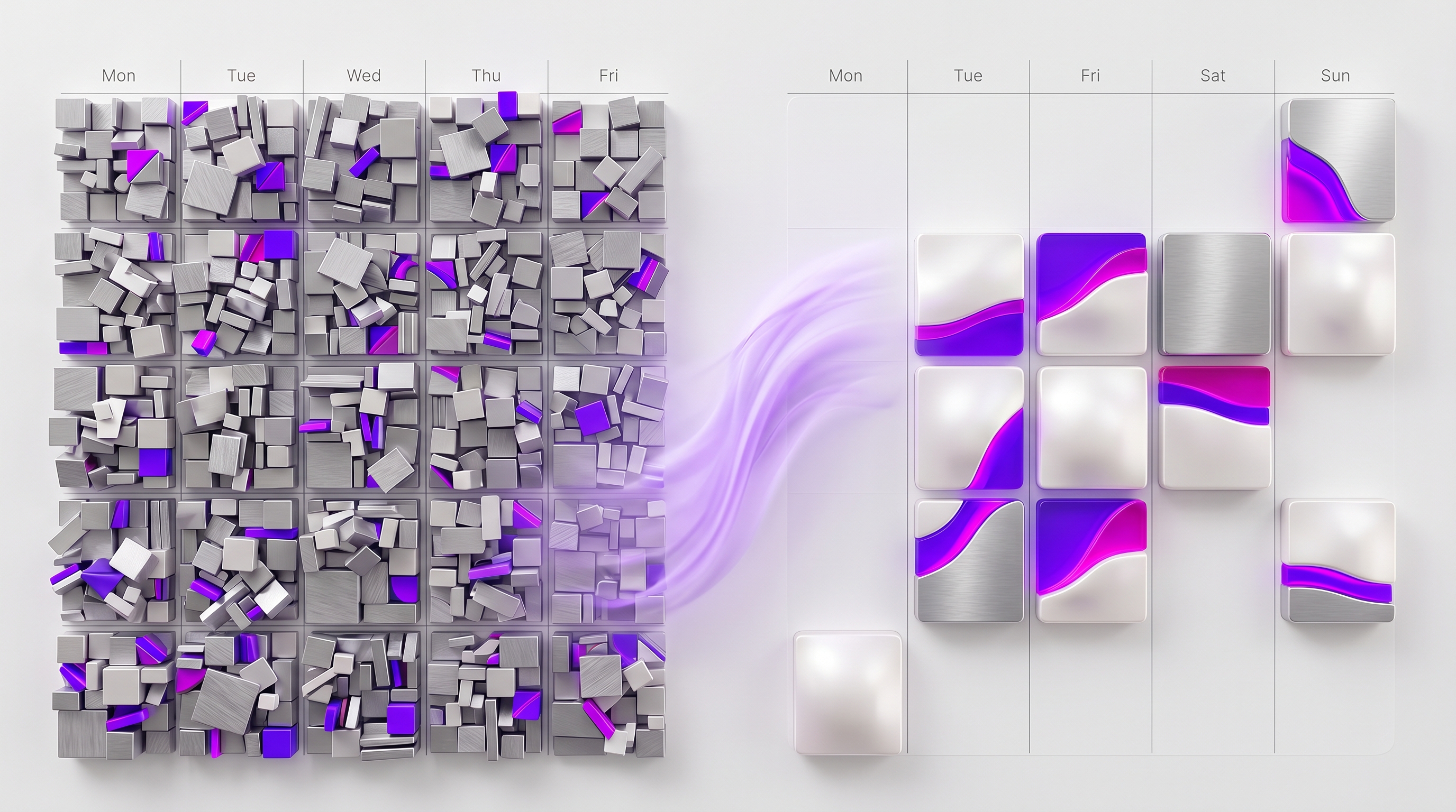 OpenClaw reorganizing a chaotic weekly calendar into focused blocks and meeting windows